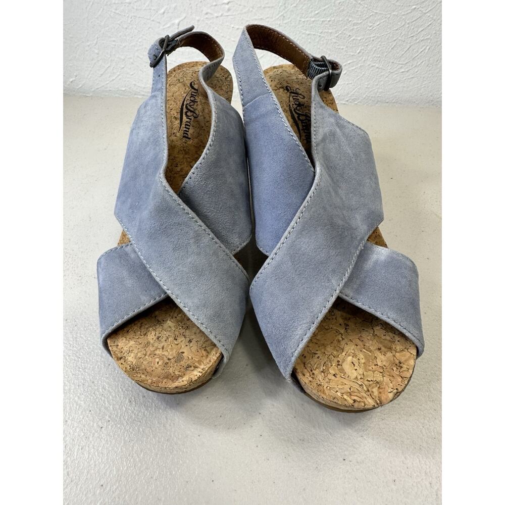 LUCKY BRAND WOMEN’S Blue SuedeCROSS WEDGE CORK SANDALS - SIZE 6 summer, casual